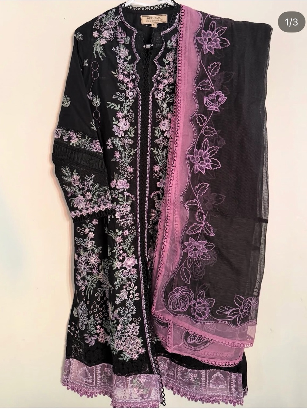 Republic Womenswear - Embroidered Black + Purple pakistani dress